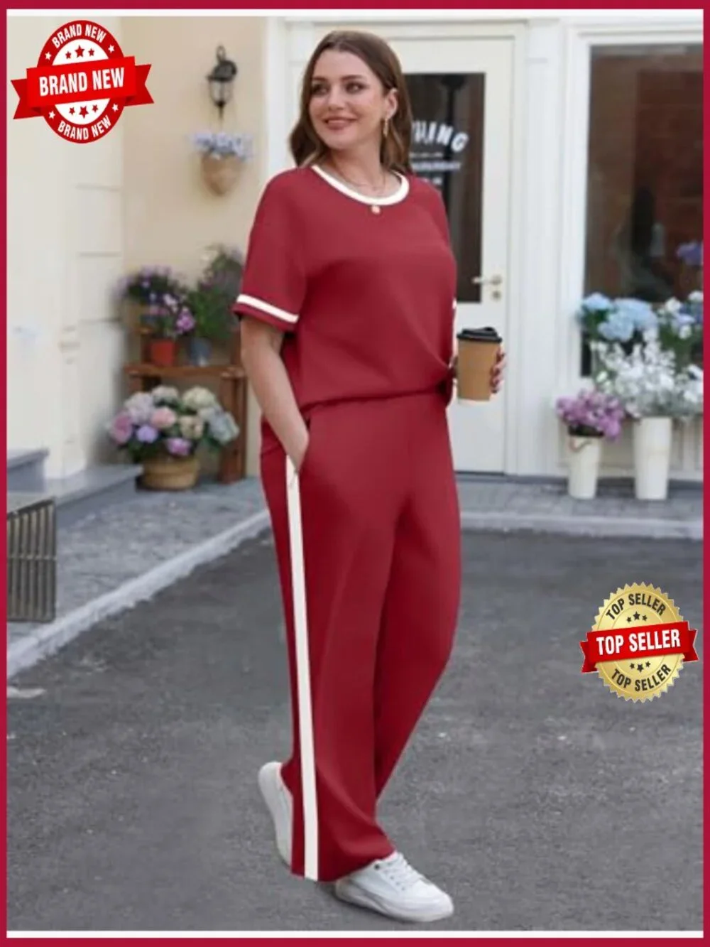 2 Piece Lounge Set Matching Summer Outfits Wide Leg Pants with Pockets